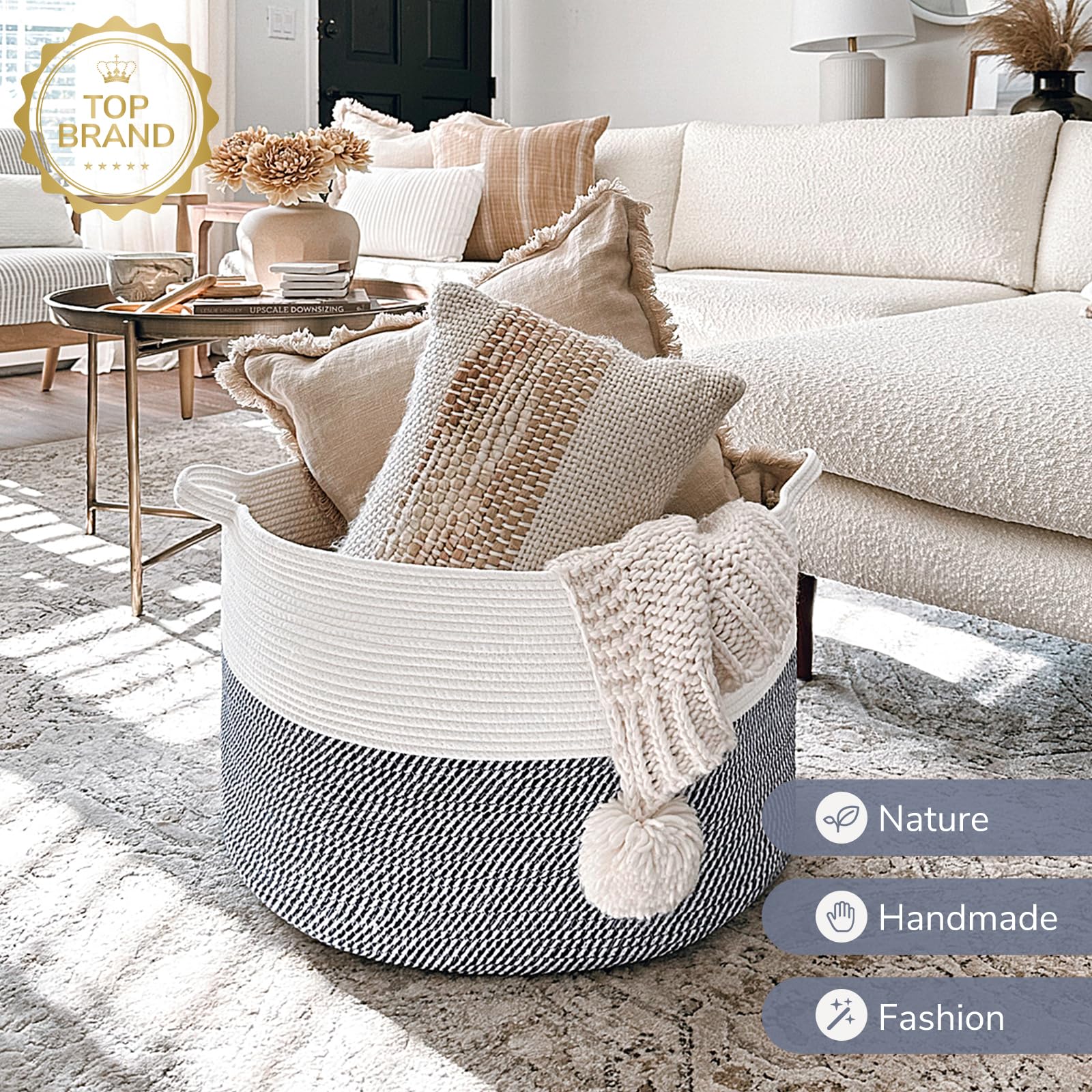 INDRESSME XXXLarge navy rope basket in laundry area as a hamper.