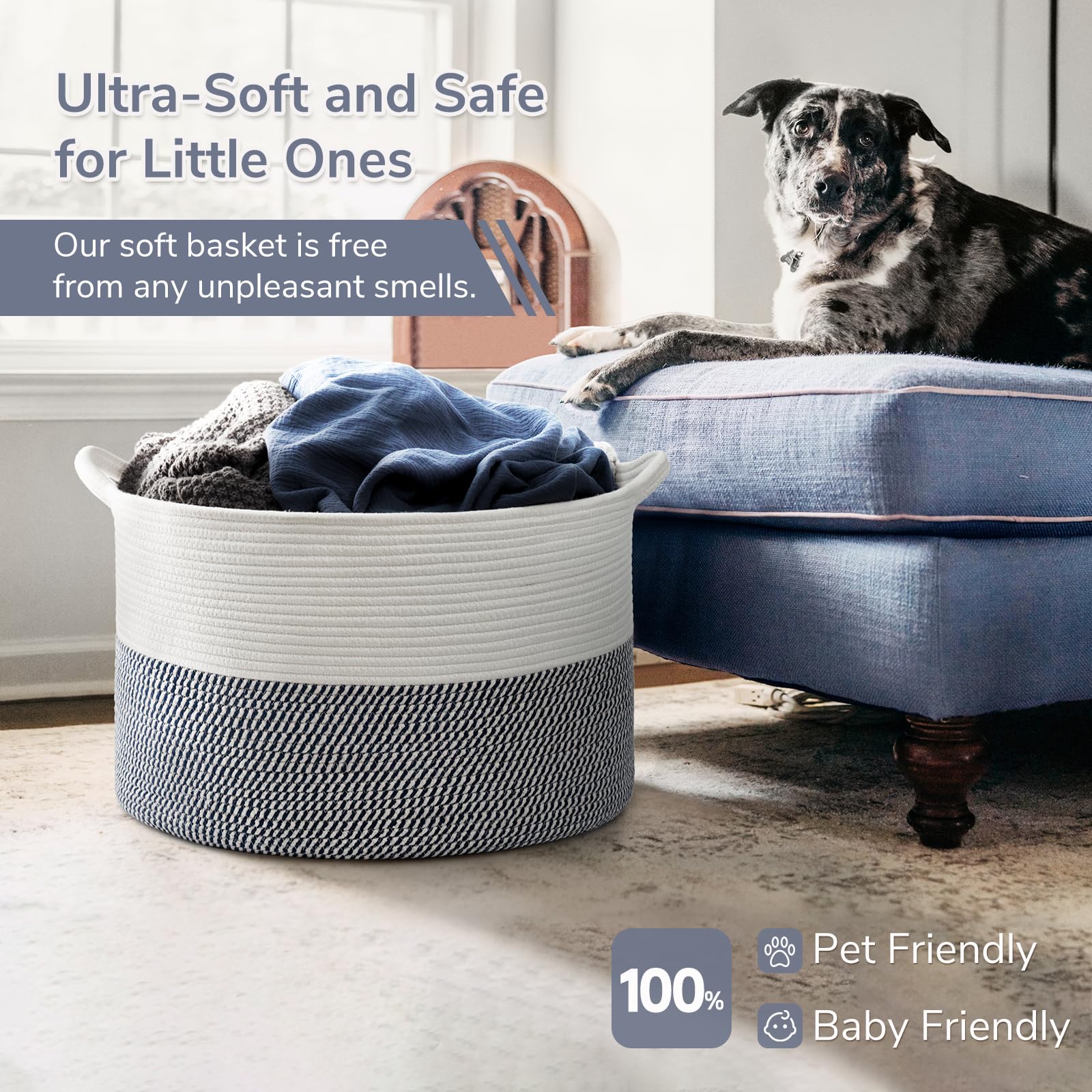 INDRESSME XXXLarge cotton rope basket navy placed on a shelf blending with decor.