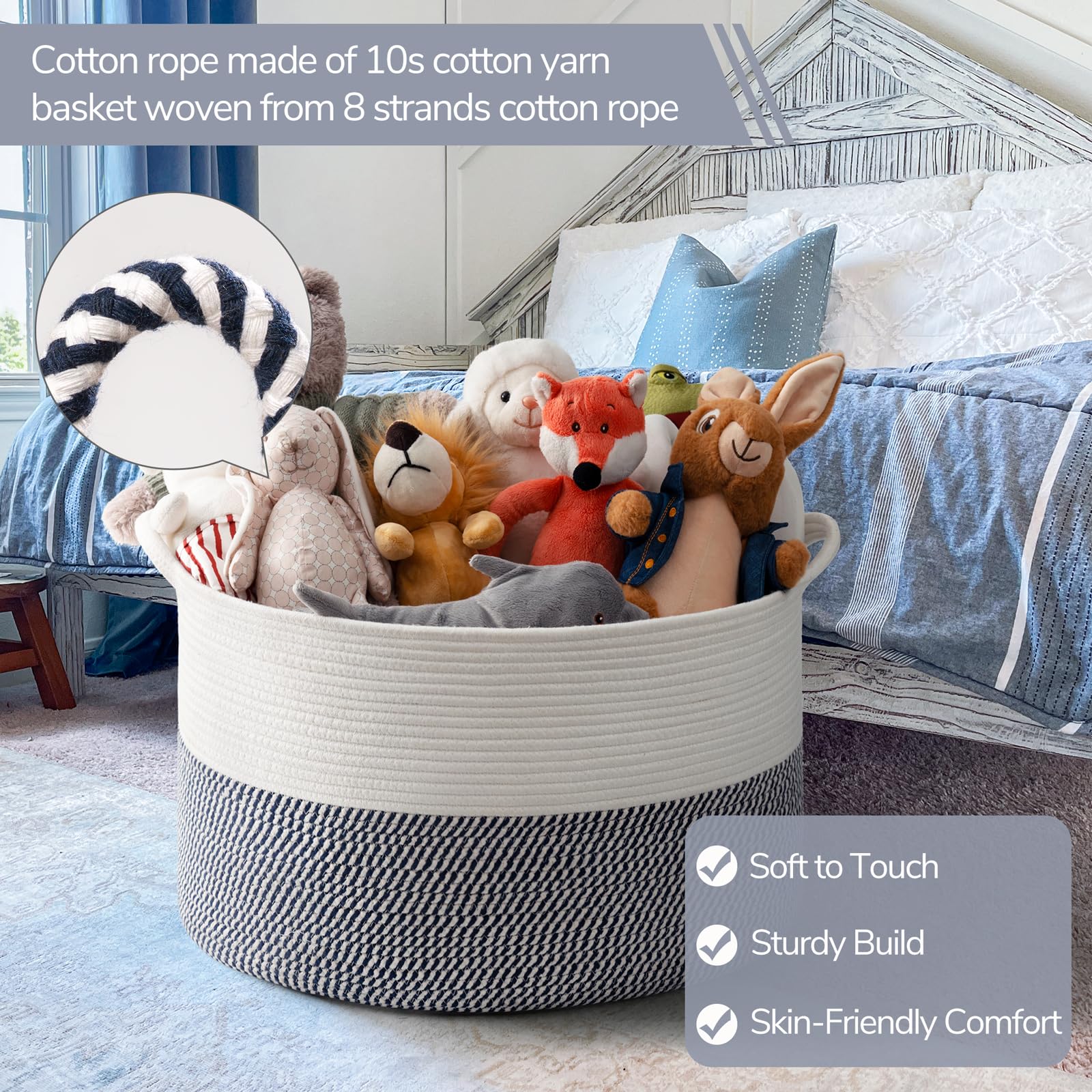 INDRESSME XXXLarge rope basket navy standing open for blankets and cushions.