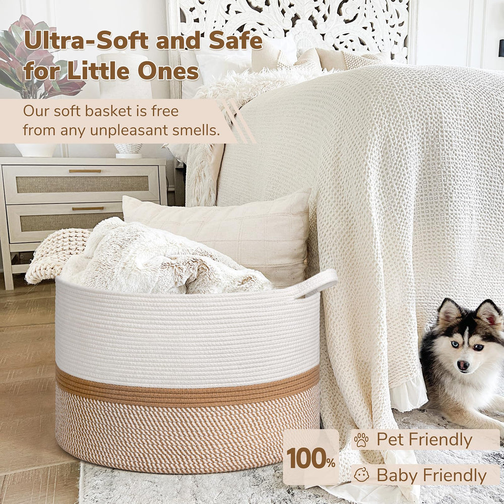 INDRESSME XXXLarge cotton rope basket uses soft cotton rope for kid-friendly use.