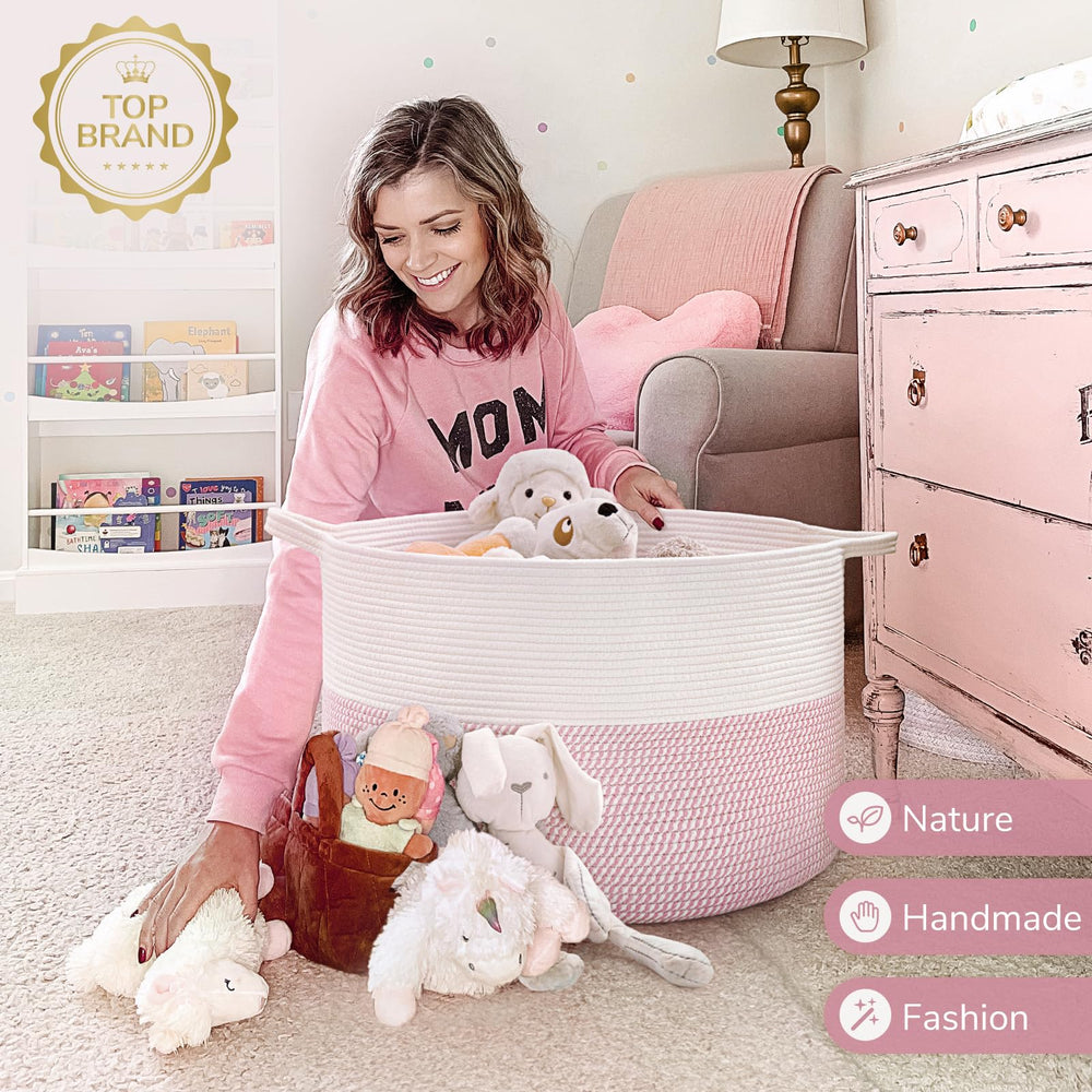 INDRESSME XXXLarge pink storage basket closeup reveals soft cotton rope texture and durable construction.