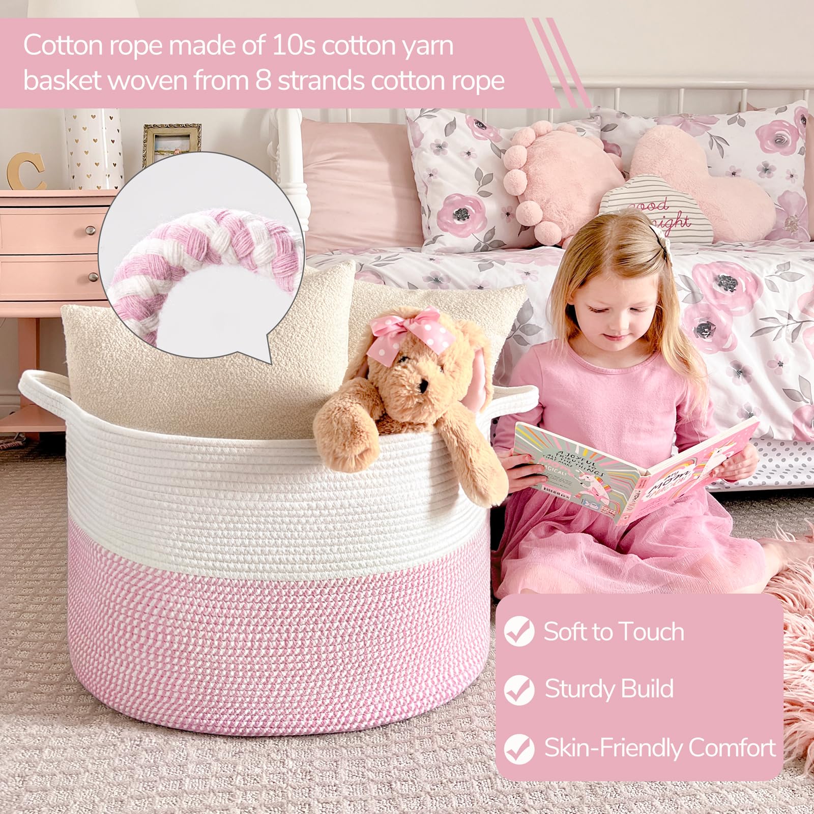 INDRESSME XXXLarge pink storage basket with easy-grip handles for simple carrying of laundry and toys.