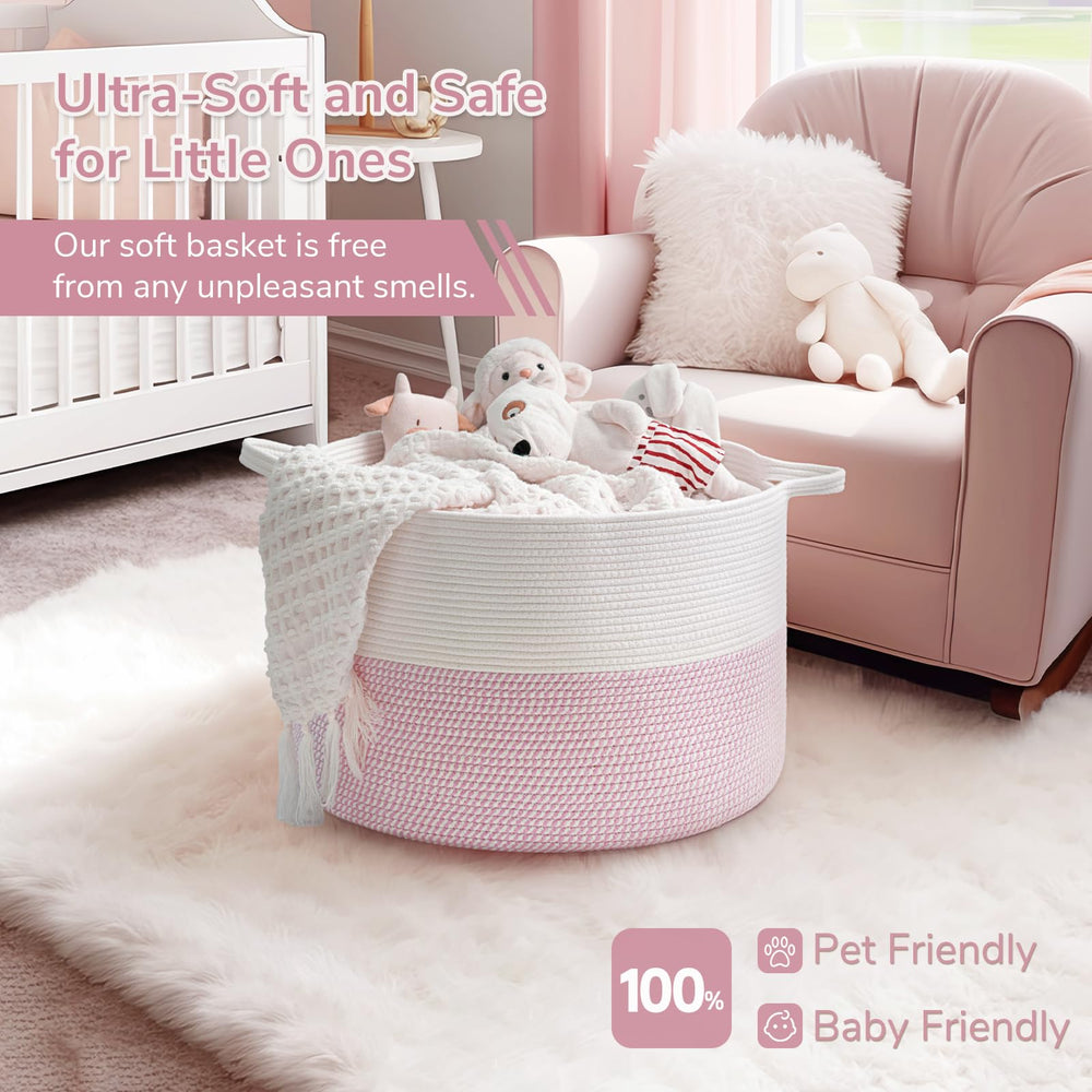 INDRESSME XXXLarge pink storage basket used as a tidy toy organizer on a bedroom shelf.