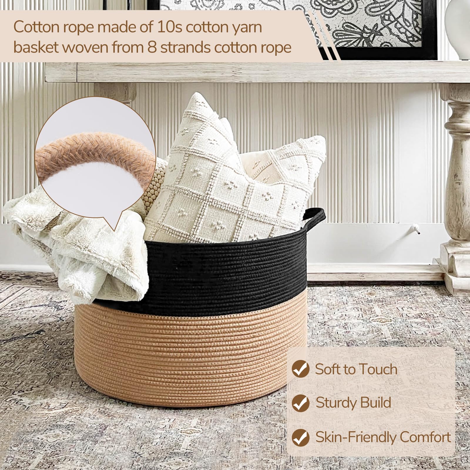 INDRESSME XXXLarge Cotton Rope Basket with handles for portable storage.