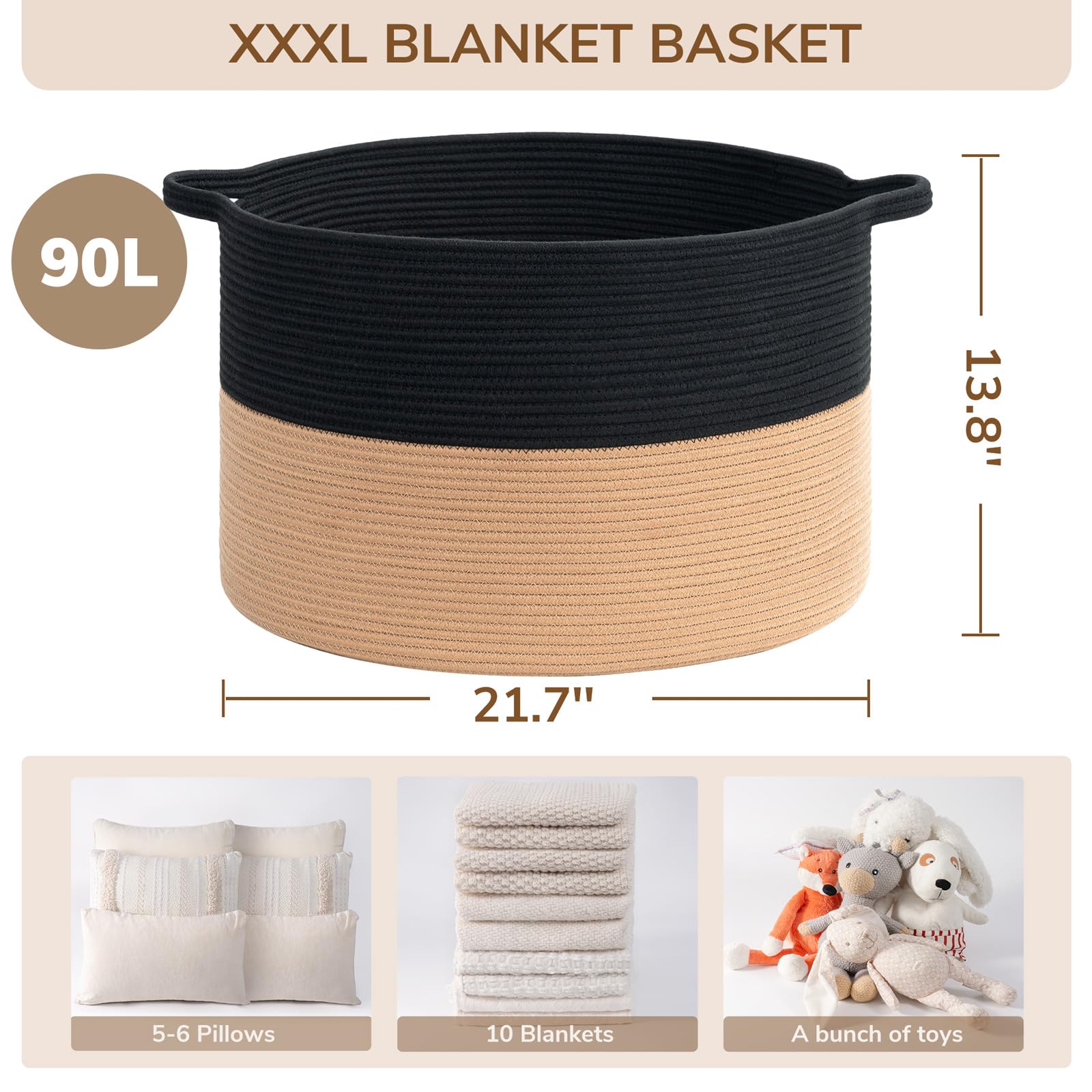 INDRESSME XXXLarge Cotton Rope Basket in living room keeps blankets organized.