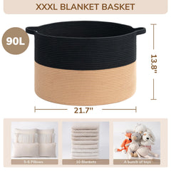 INDRESSME XXXLarge Cotton Rope Basket in living room keeps blankets organized.