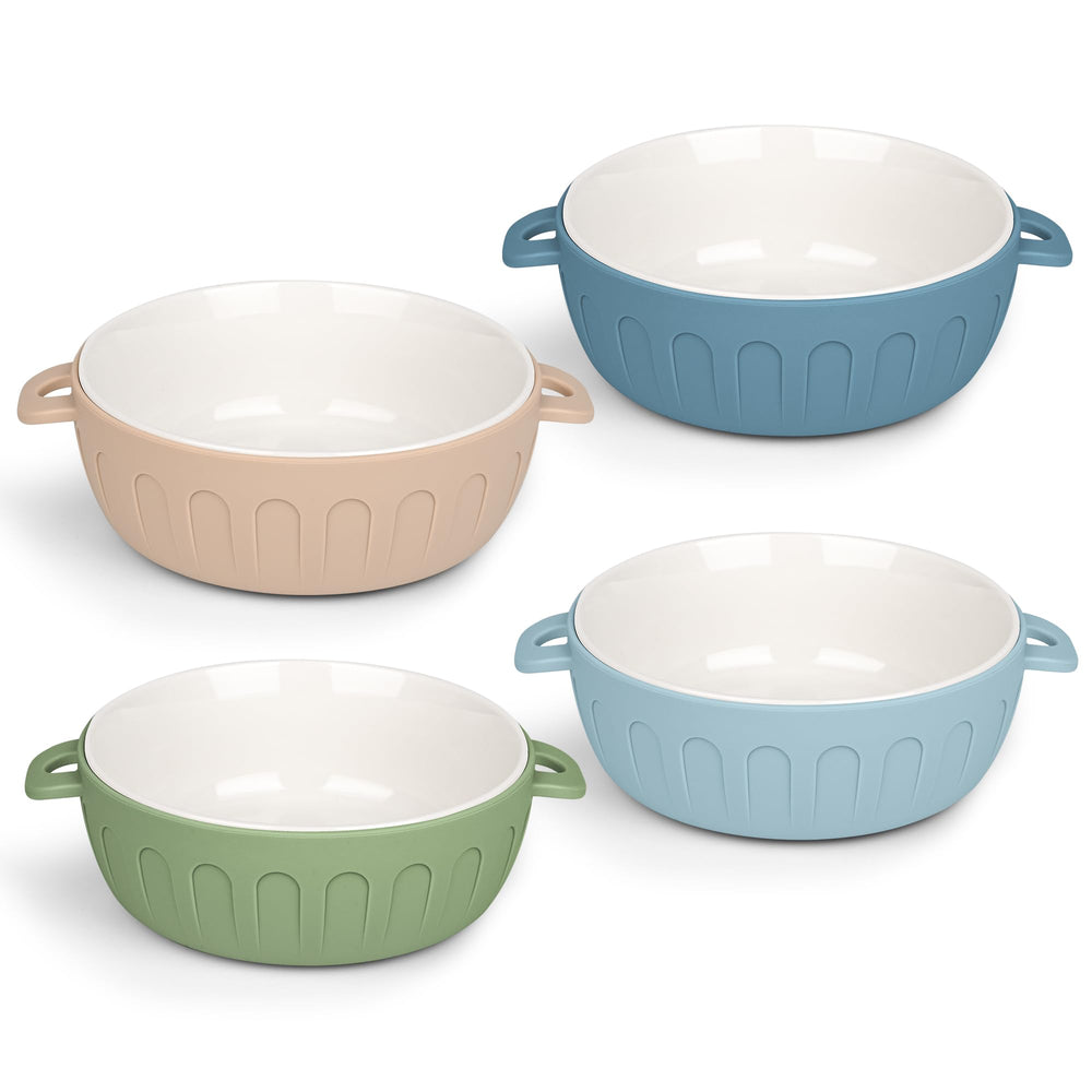 iNeibo 4-packs porcelain baby bowls with silicone sleeve provide a secure grip for toddler meals.