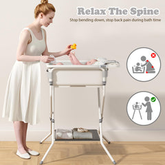 iNeibo collapsible baby bathtub with stand assembled for easy use.