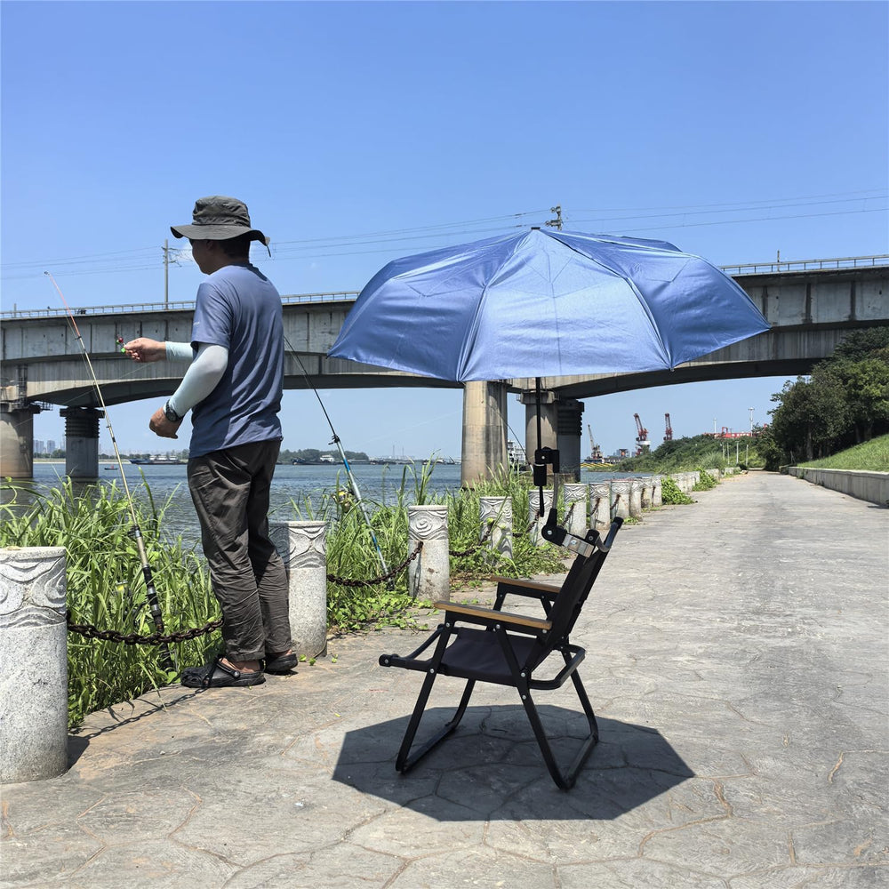 Inf-way umbrella holder in use on a chair provides shaded comfort.