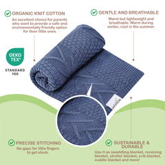 Infancie baby blanket blue close-up knit texture showing gentle touch