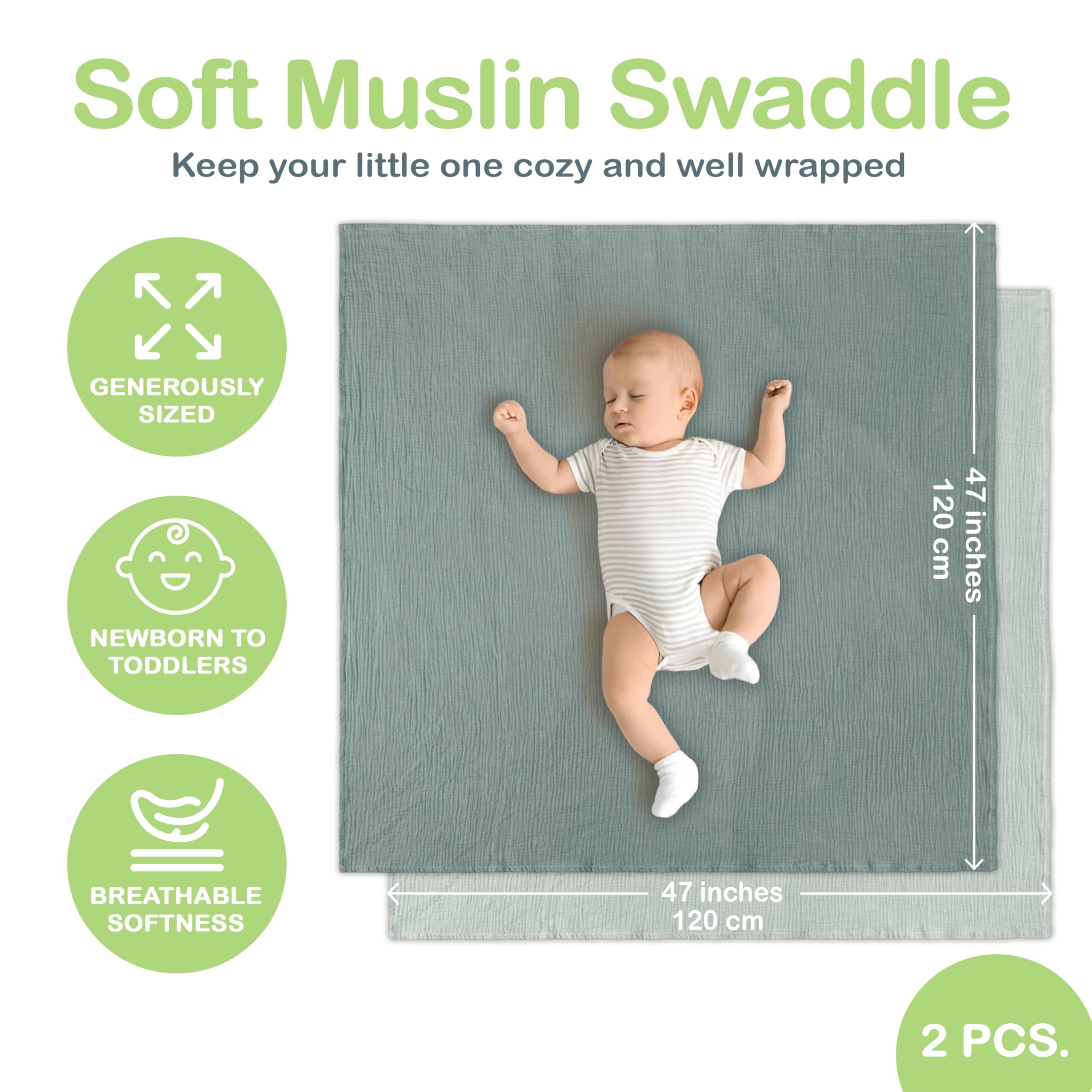 Infancie green mint muslin blanket wrapped for cozy swaddle