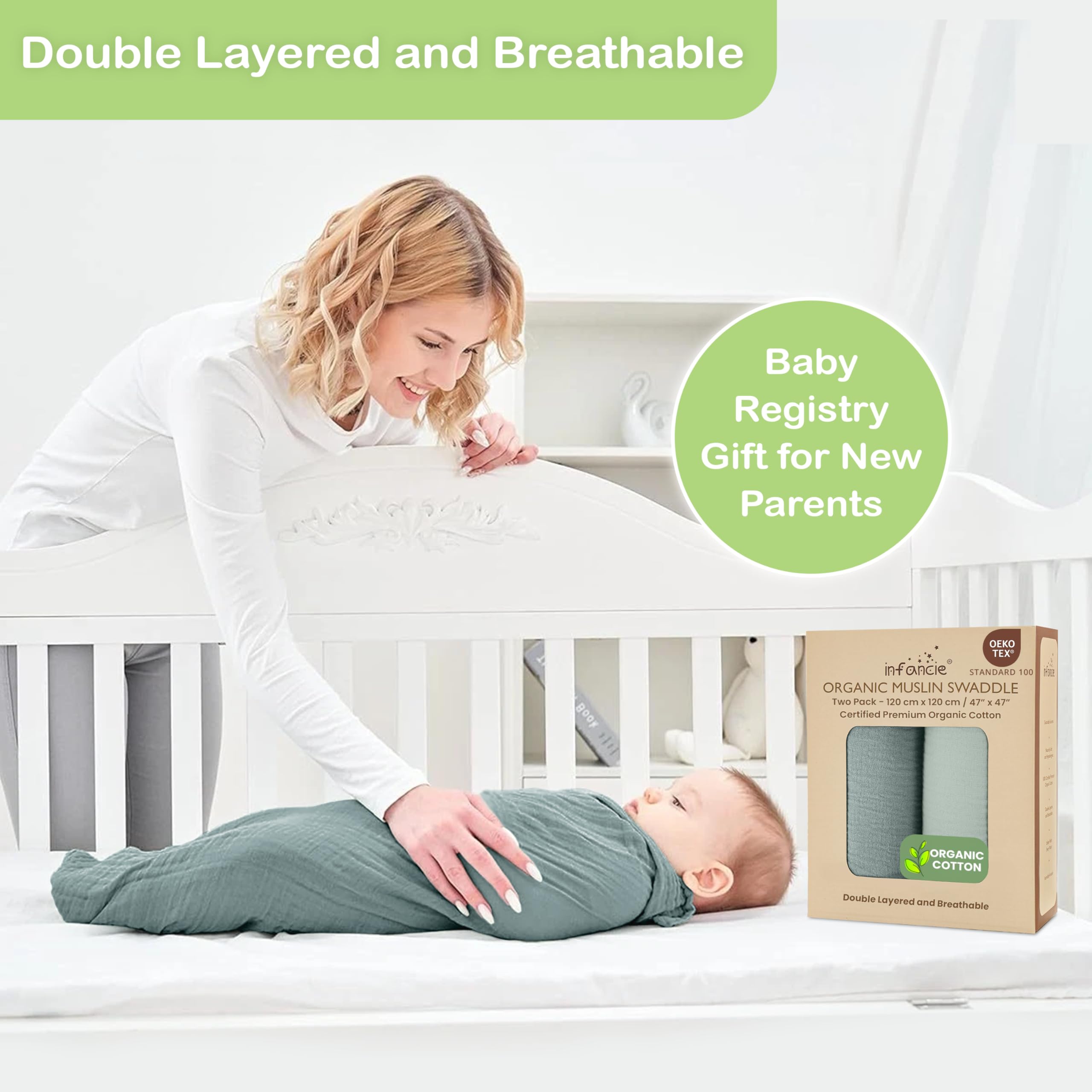Infancie muslin baby blanket 47x47 swaddle layout demonstrates size