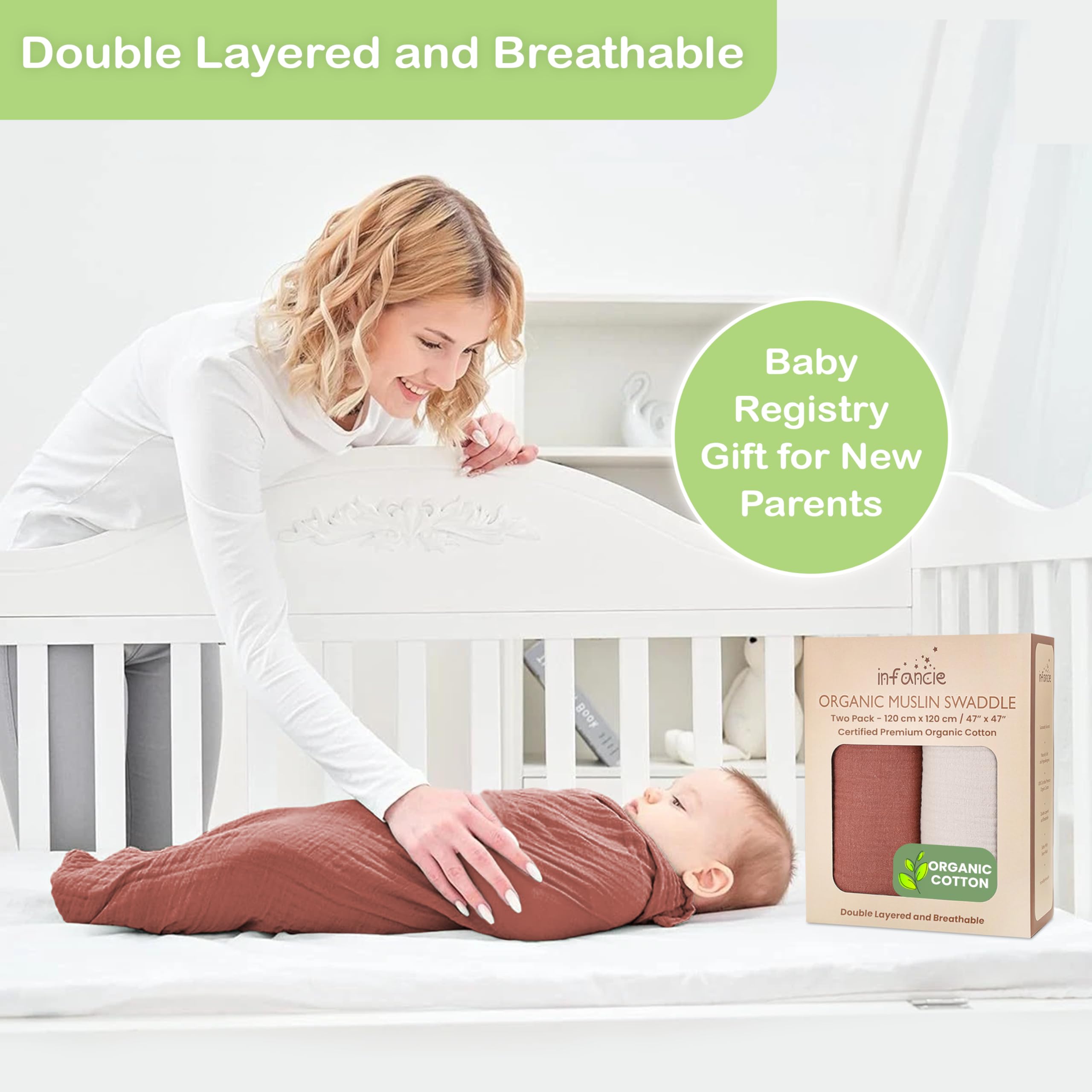 Infancie muslin blanket swaddle in motion—versatile use for feeding or strolls.