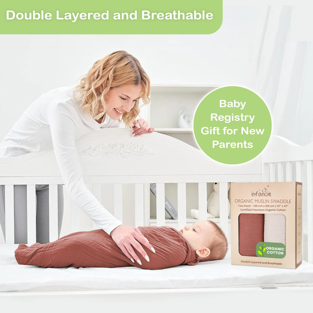 Infancie muslin blanket swaddle in motion—versatile use for feeding or strolls.