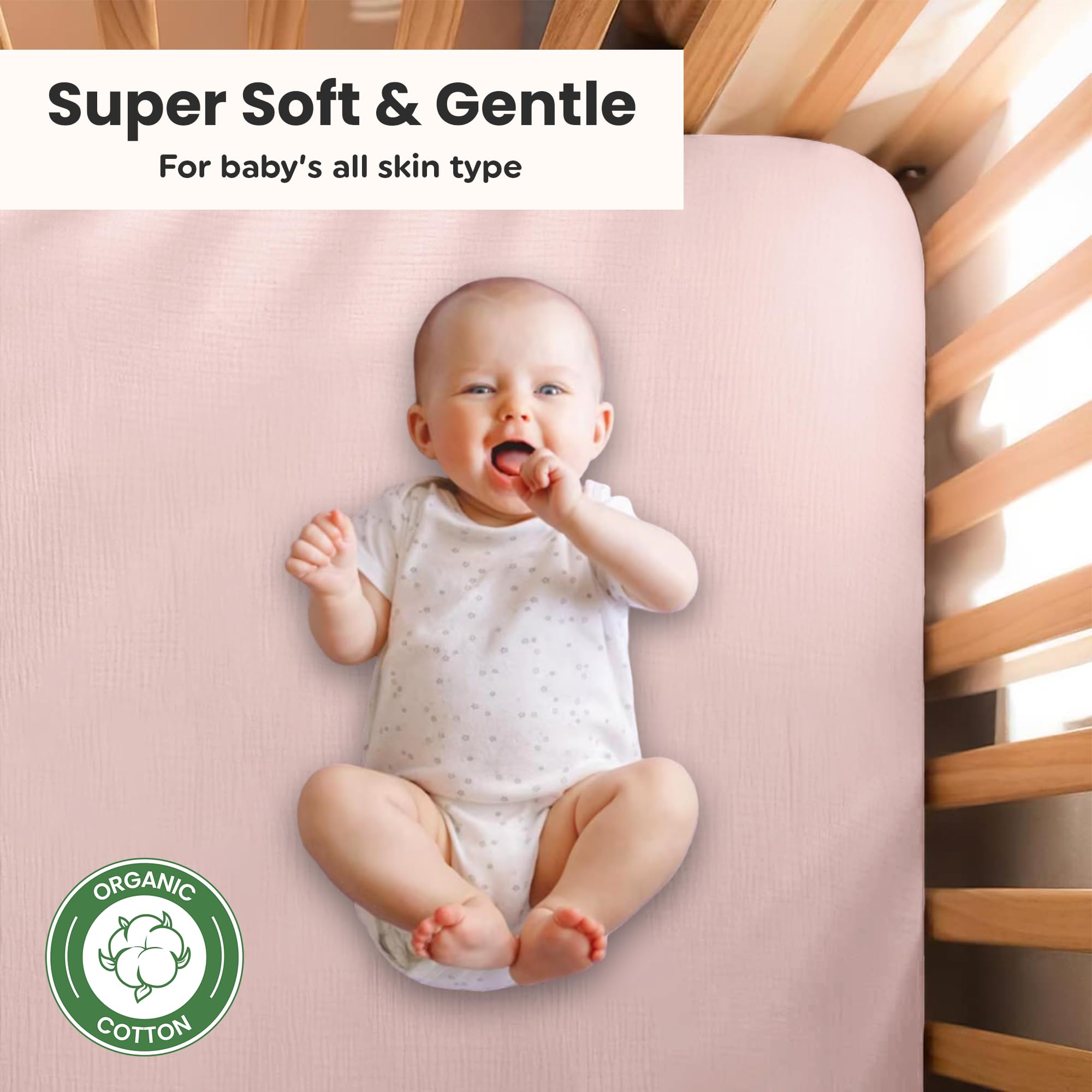Infancie muslin crib sheets elastic edge closeup demonstrates secure, wrinkle-free fit