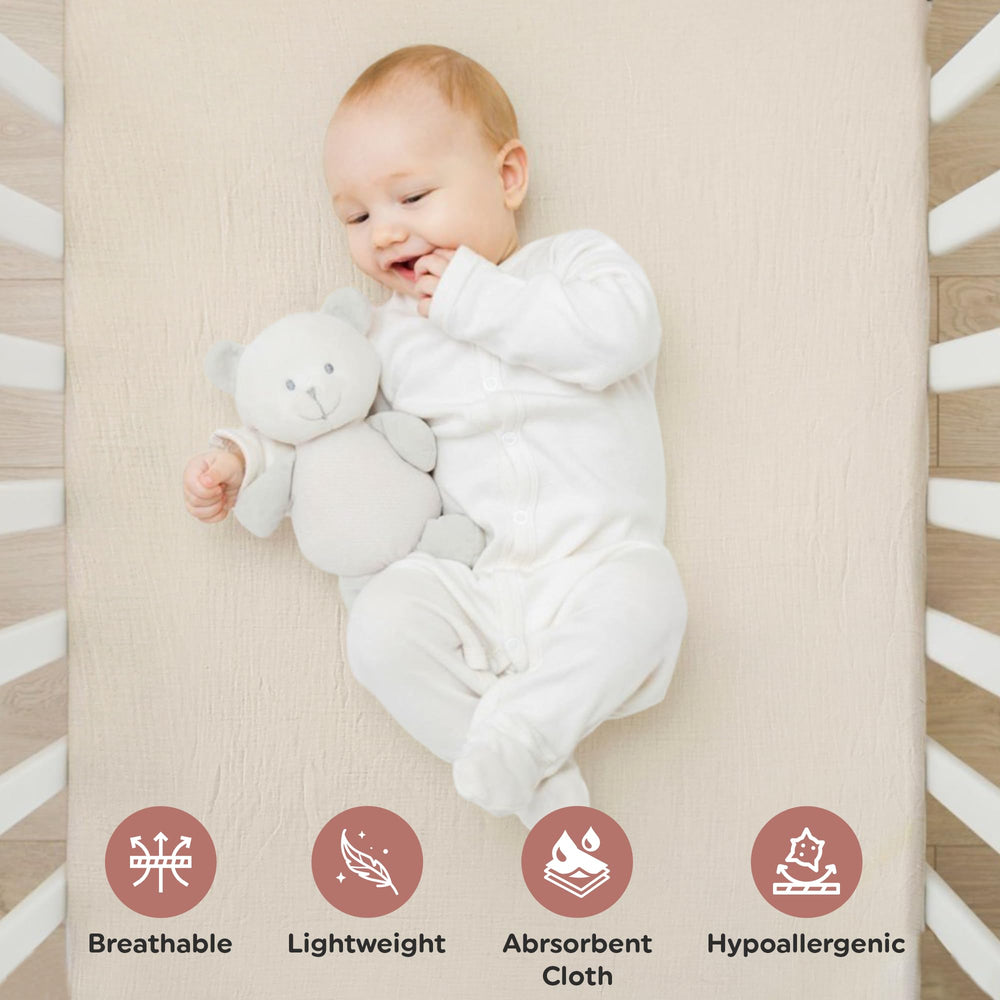 Infancie muslin crib sheets texture closeup shows gentle, chemical-free comfort