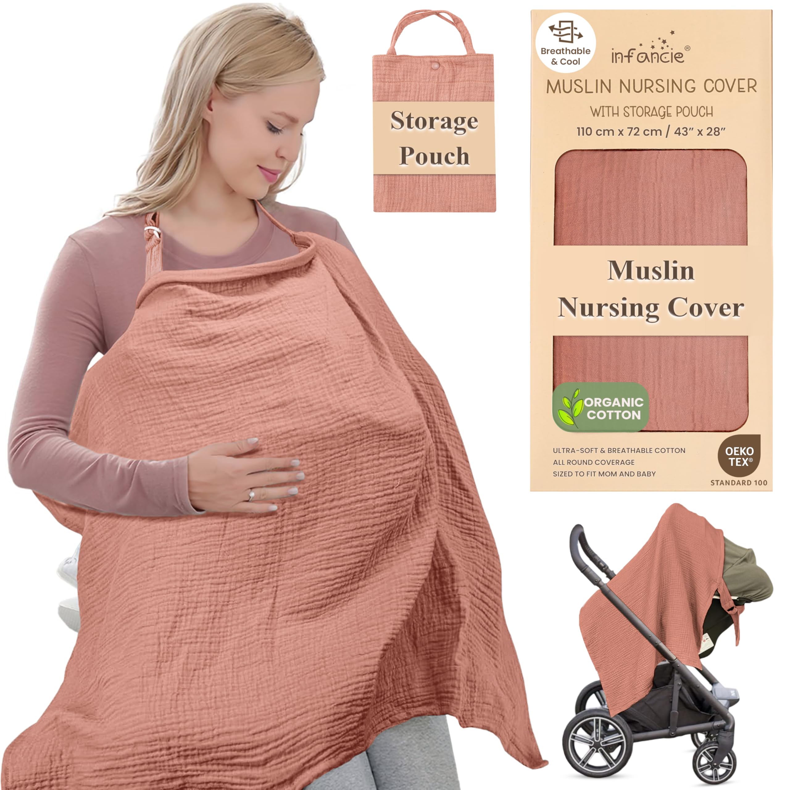 Infancie nursing cover rust front view highlights breathable organic cotton fabric for comfortable feeds.