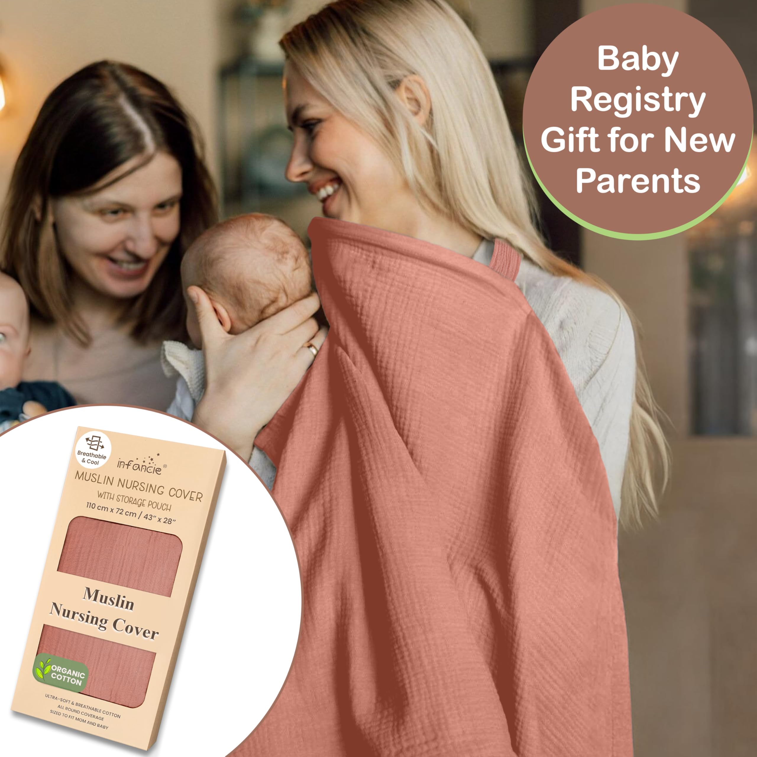 Infancie nursing cover rust with inner pocket and pouch for quick storage.