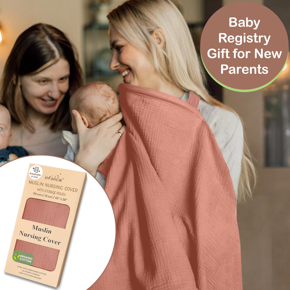 Infancie nursing cover rust with inner pocket and pouch for quick storage.
