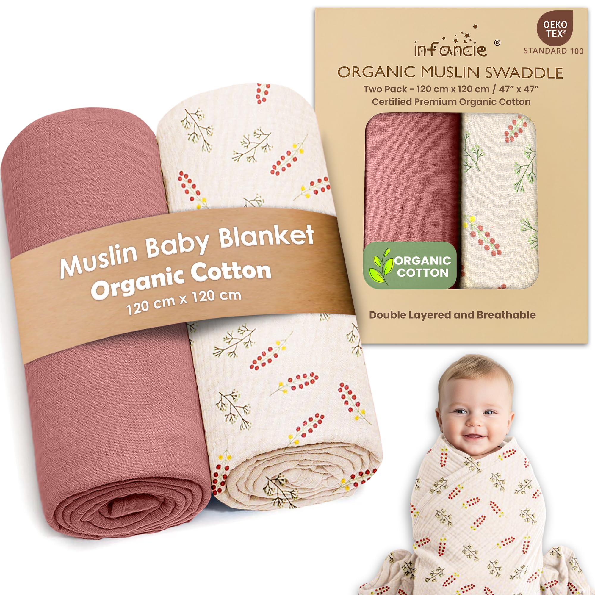 Infancie pink floral muslin blanket folded, soft texture for cozy swaddling.