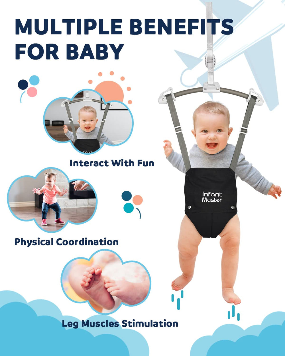 Infant Master adjustable strap height adapts as baby grows.