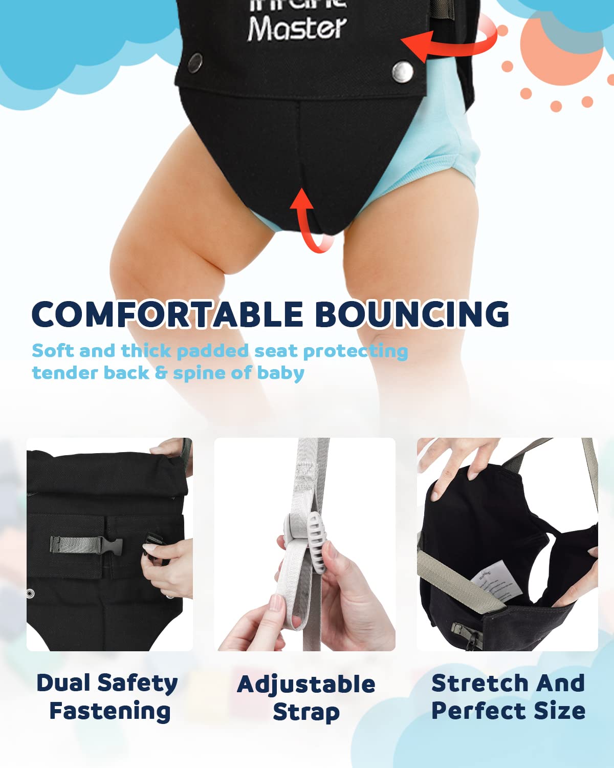 Infant Master baby in jumper demonstrates upright posture support.