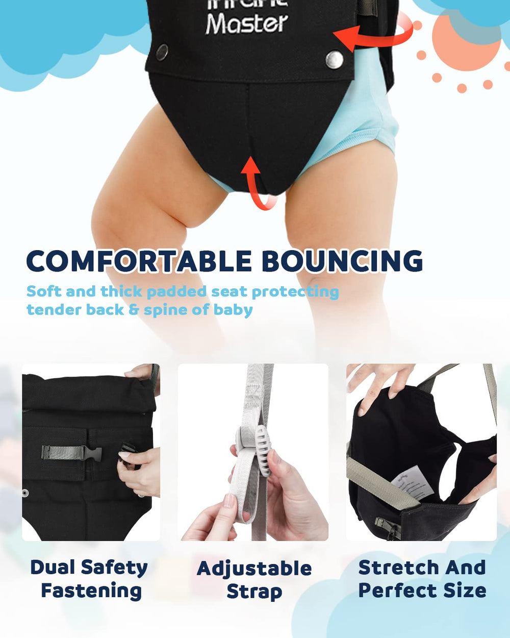 Infant Master baby in jumper demonstrates upright posture support.
