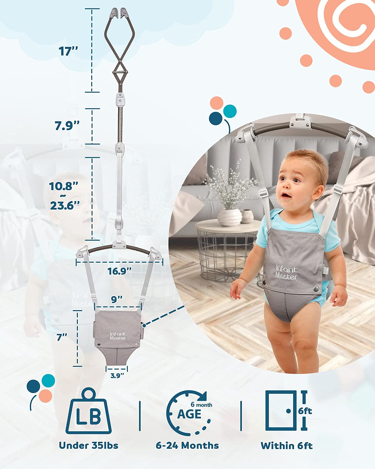 Infant Master adjustable strap demonstrates height customization for growing babies