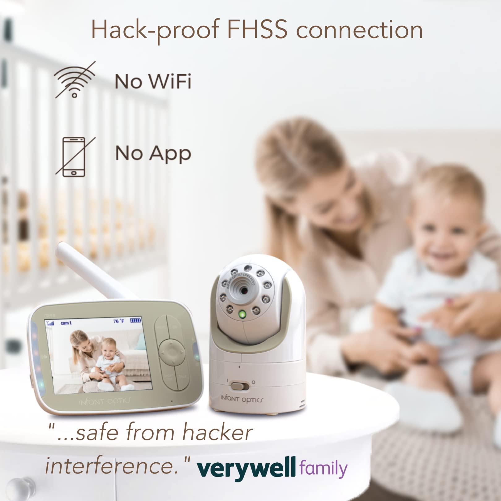 Infant Optics DXR-8 camera with interchangeable lens demonstrating flexible viewing options