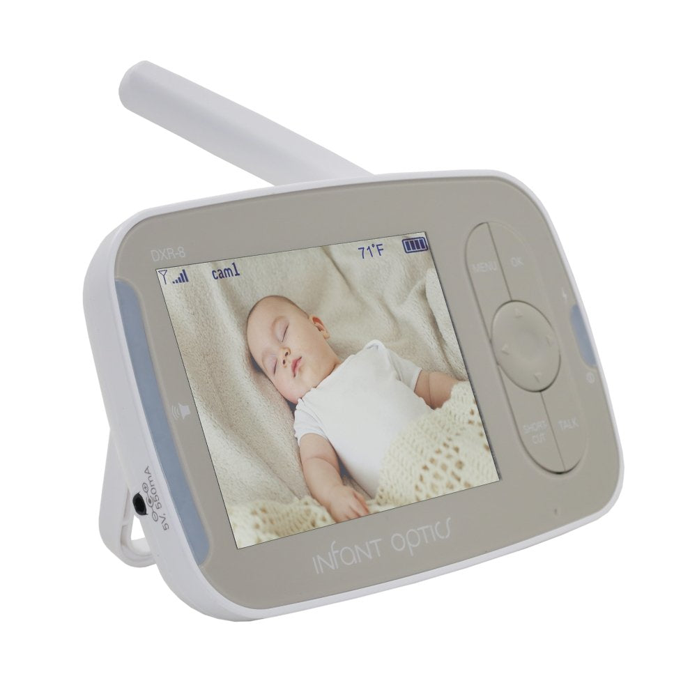 Infant Optics DXR-8 monitor unit with battery not included, designed for flexible placement and future battery pairing.