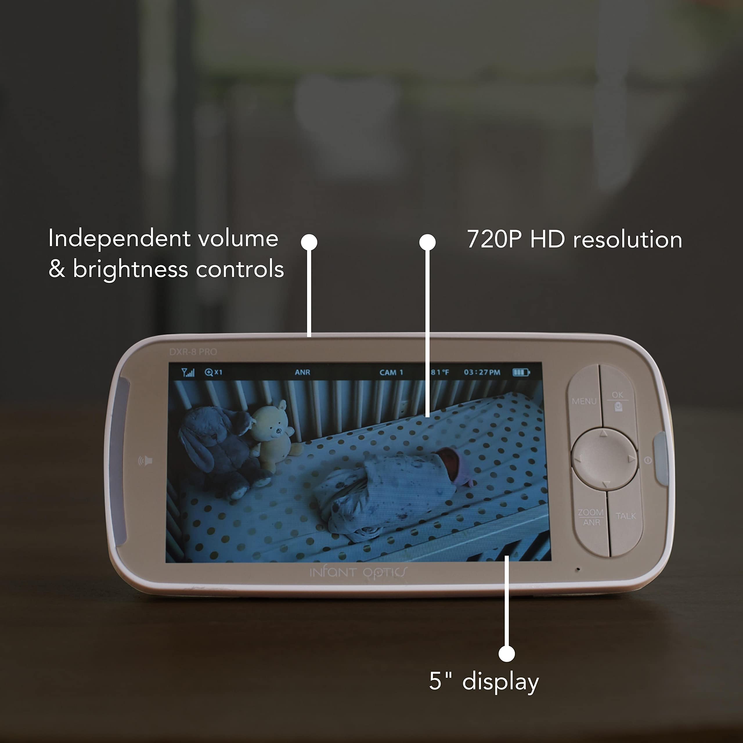 Infant Optics DXR-8 PRO 6x zoom lens for close baby checks.