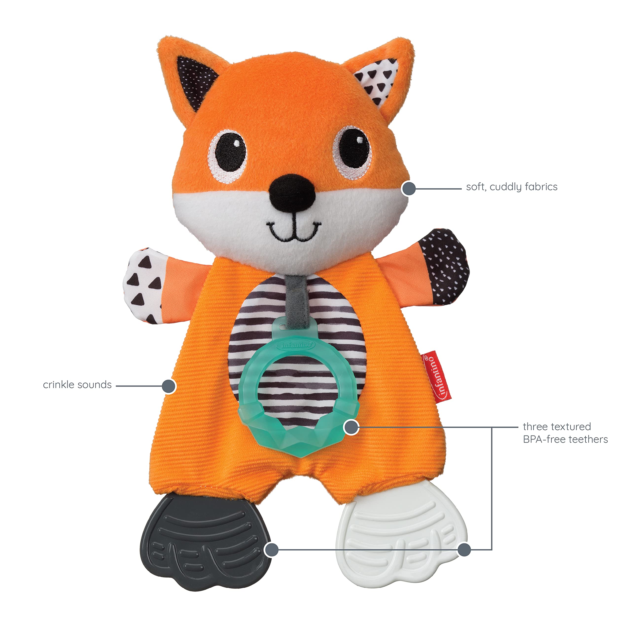 Infantino Cuddly Teether Fox in baby's hands during cuddle and chew sessions.