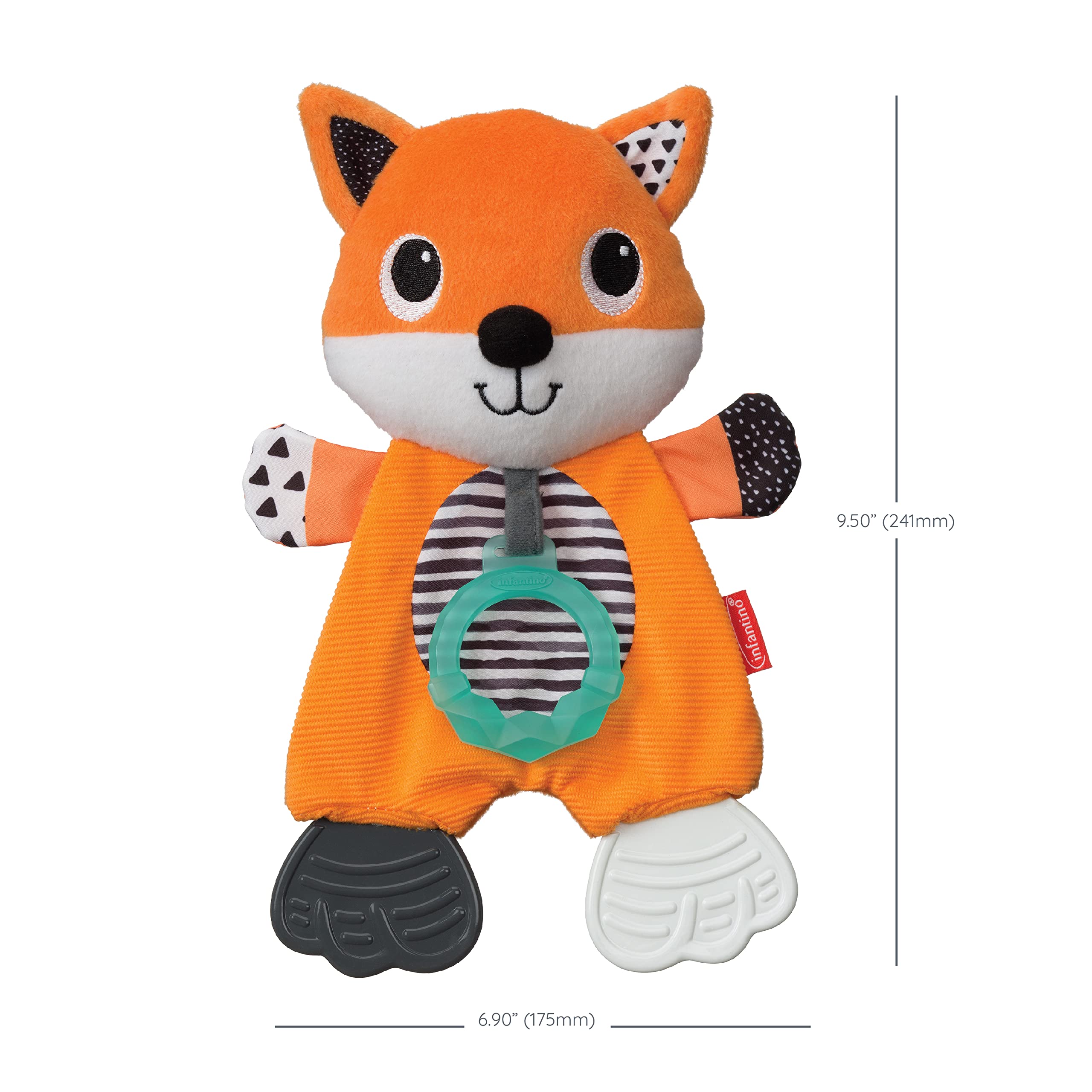 Infantino Cuddly Teether Fox highlighting BPA-free materials for safe teething moments.