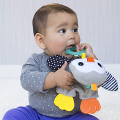 Infantino Cuddly Teether penguin soft fabric textures for gentle sensory play.