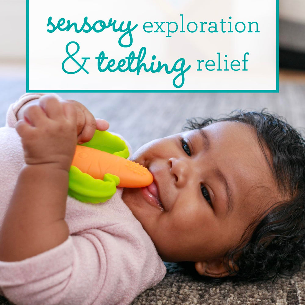 Infantino Lil’ Nibbles teether textured surface closeup shows massage-friendly bumps.