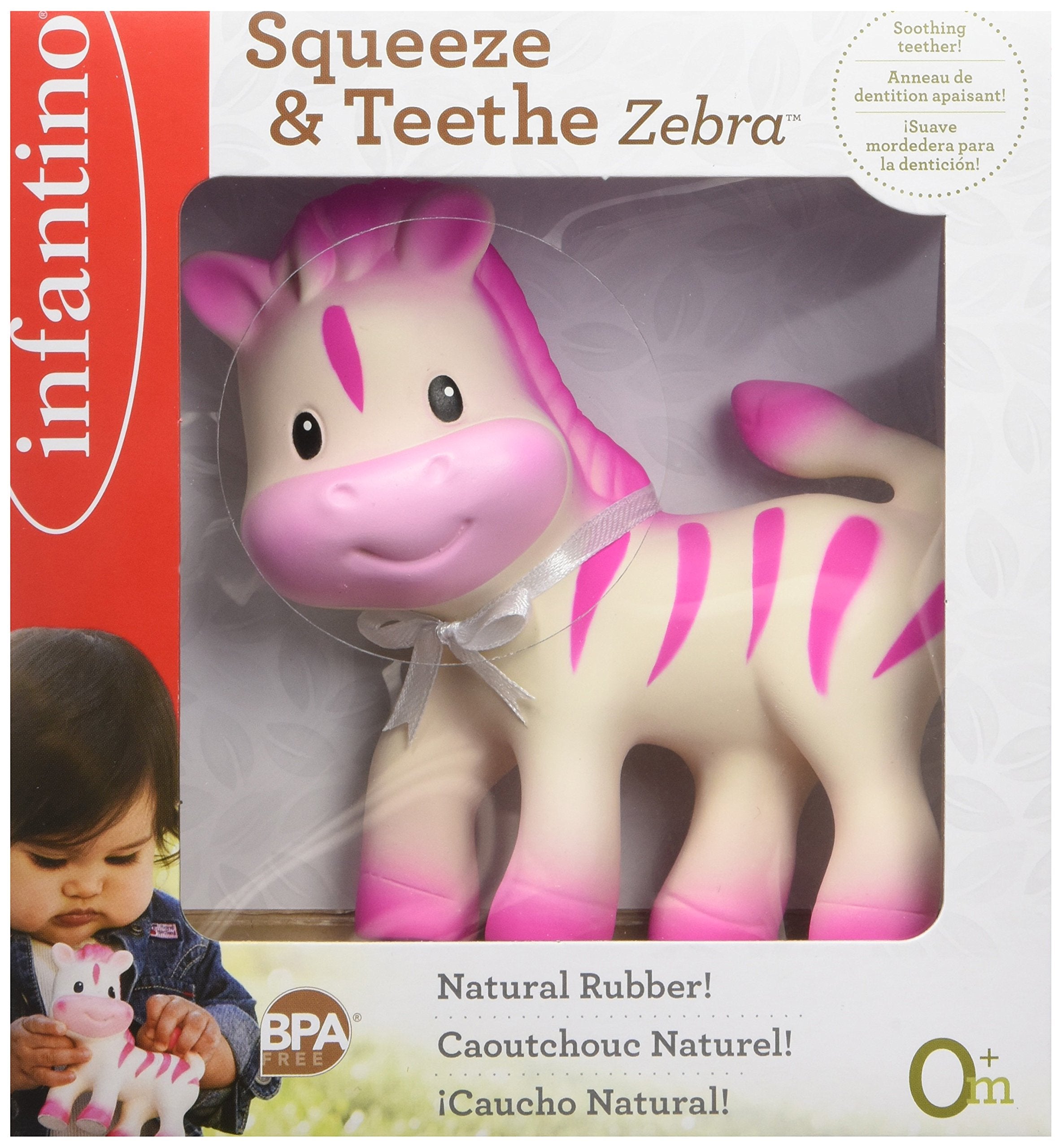Infantino Teether Toy Squeeze and TeeThe Zebra soft rubber material is gentle on gums.