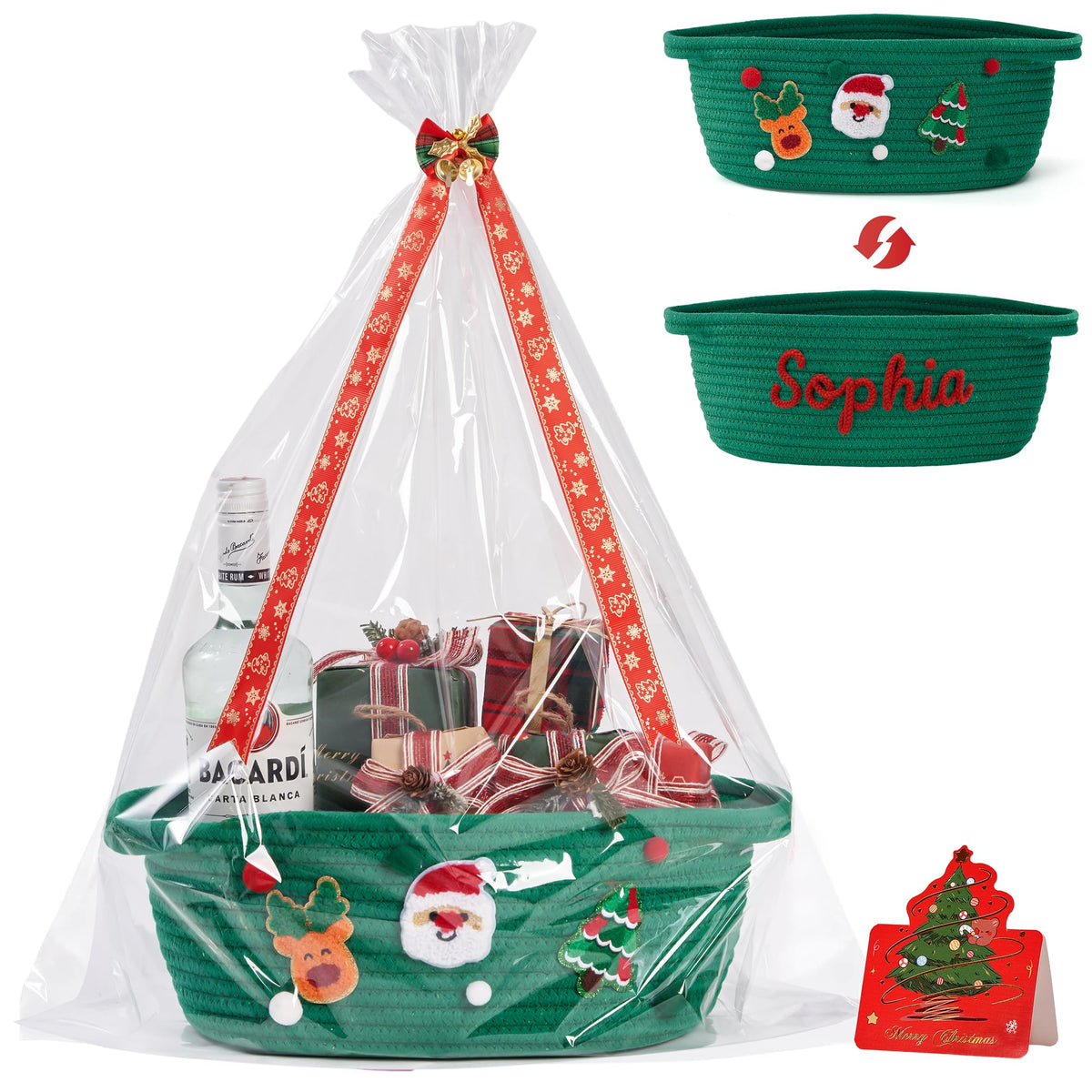 InfiBay Christmas basket empty green with handle shows ready-to-fill gift packaging.