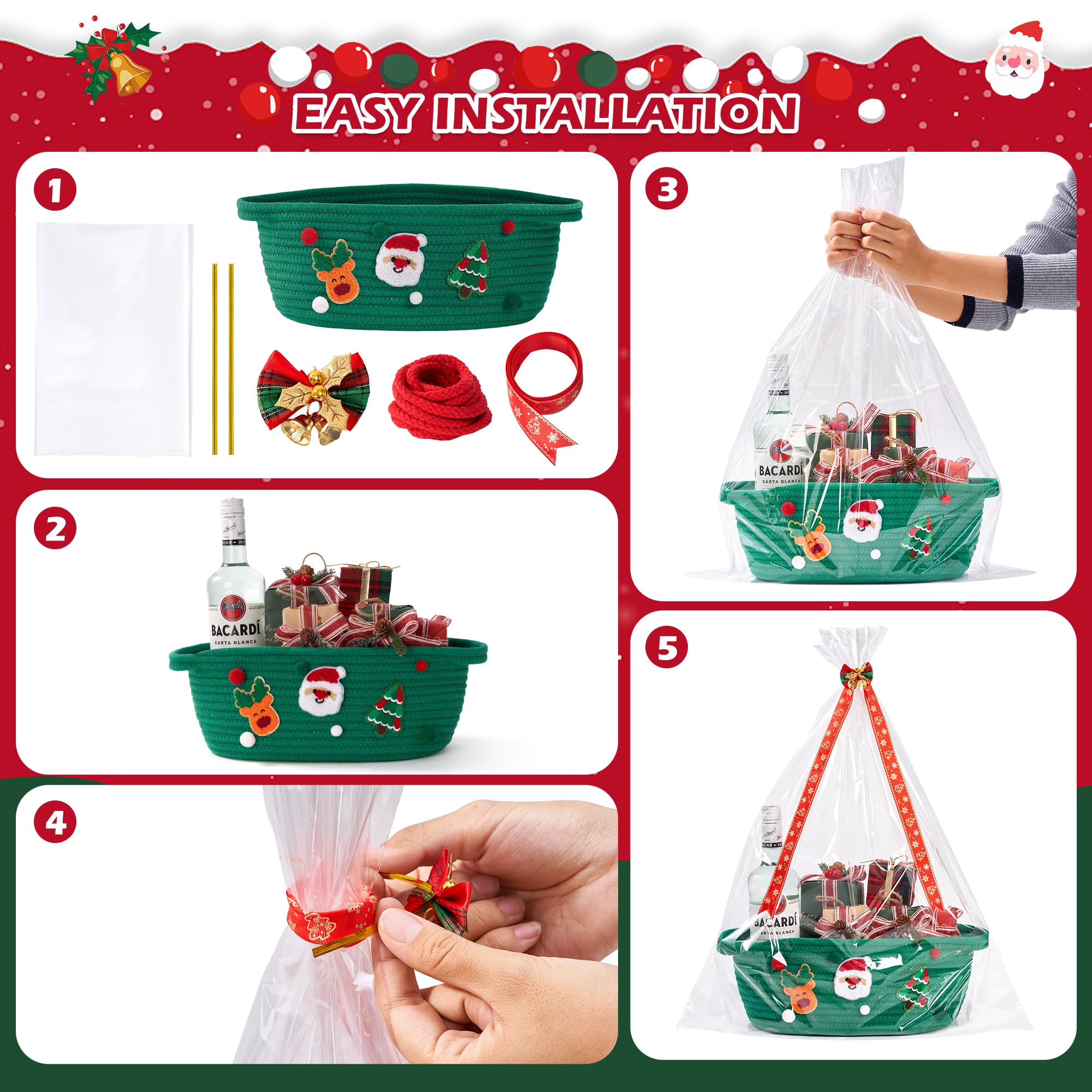 InfiBay Christmas basket includes ribbon, bag, bow for wrapping.