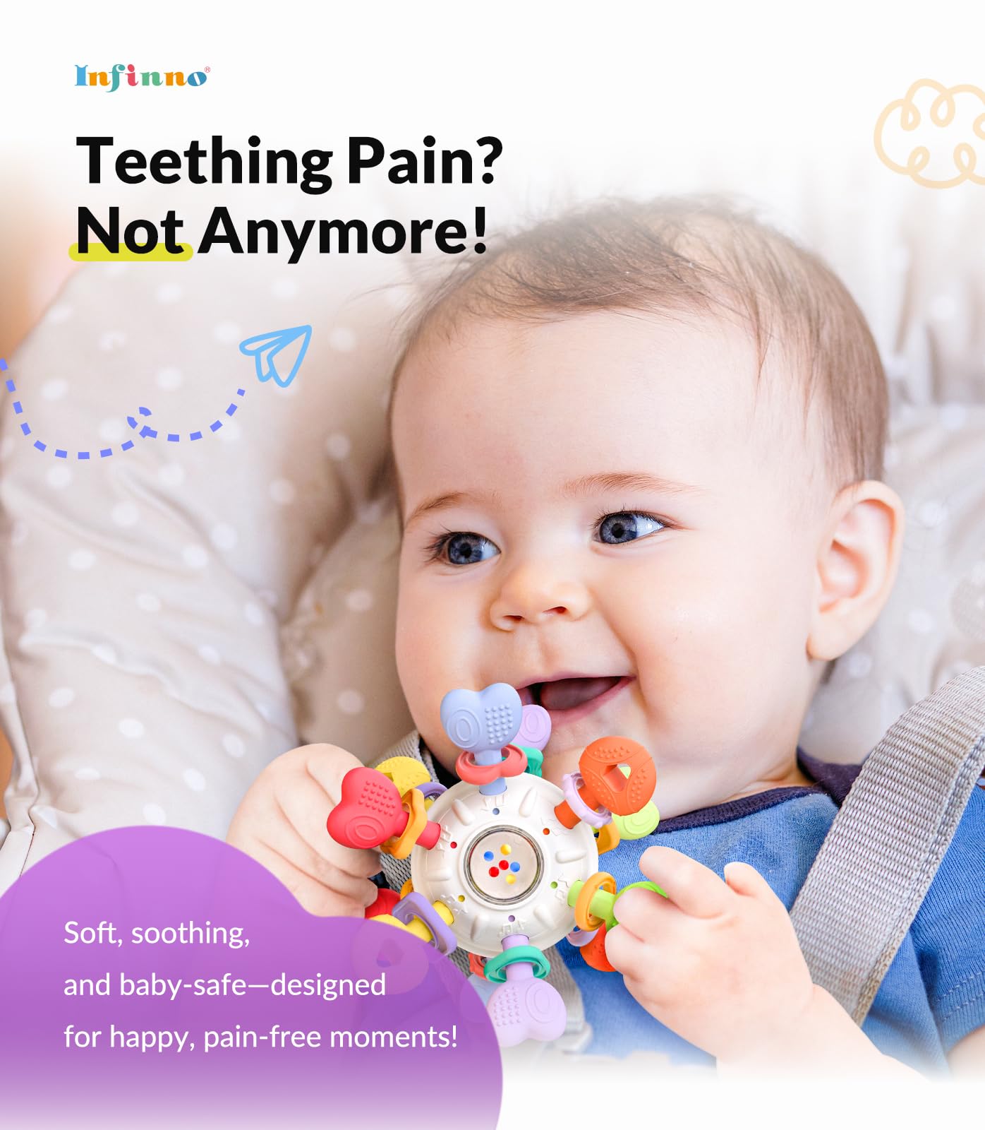 Infinno teething rattle silicone toy stimulates senses with color and sound.