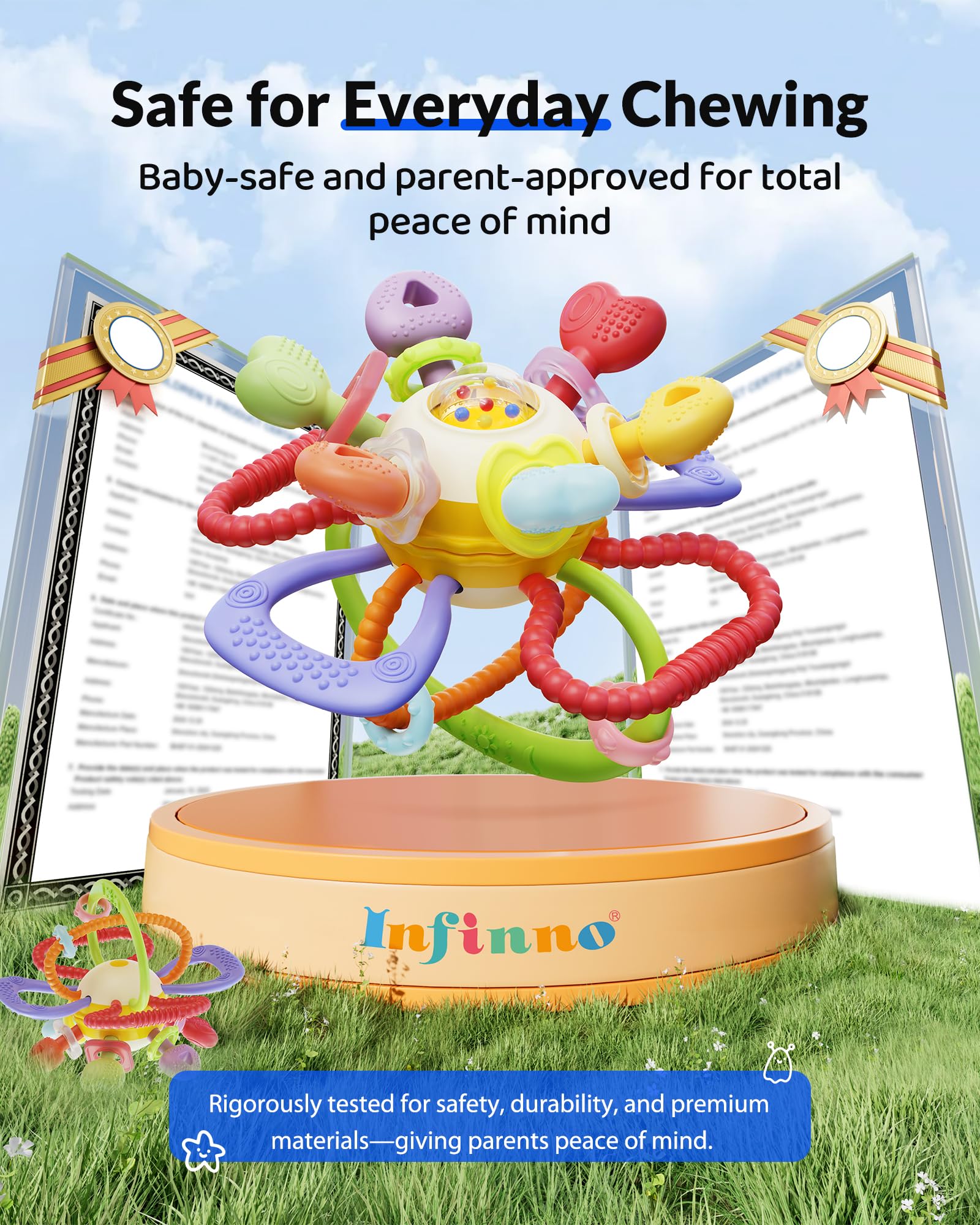 Infinno compact-size teething toy is portable for on-the-go moments.