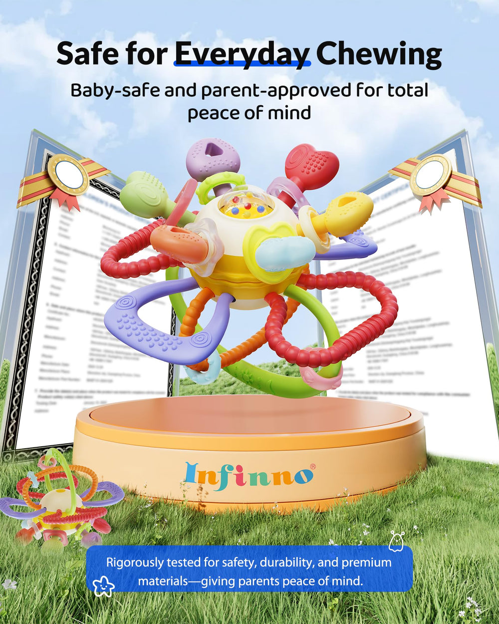 Infinno compact-size teething toy is portable for on-the-go moments.