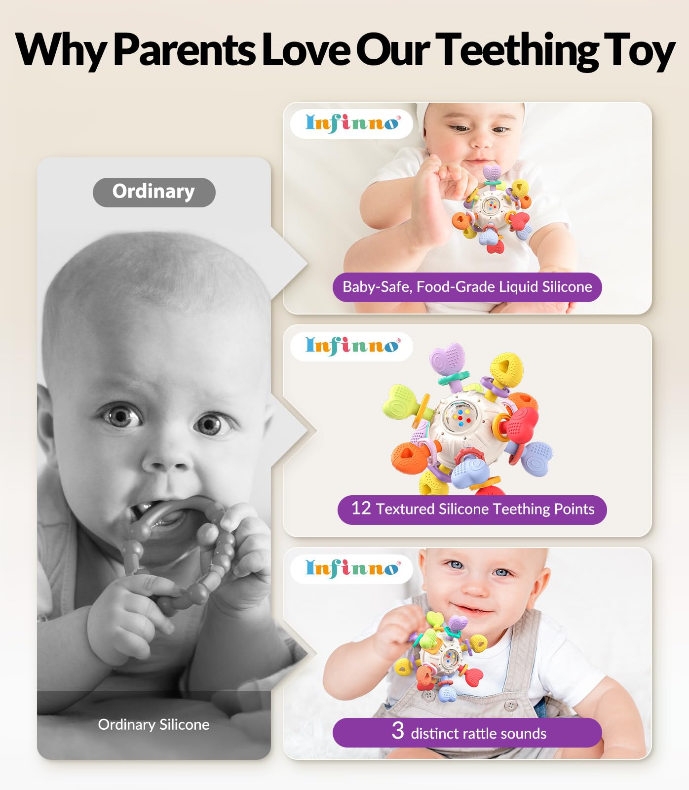 Infinno gift-ready baby teether rattle for new parents.