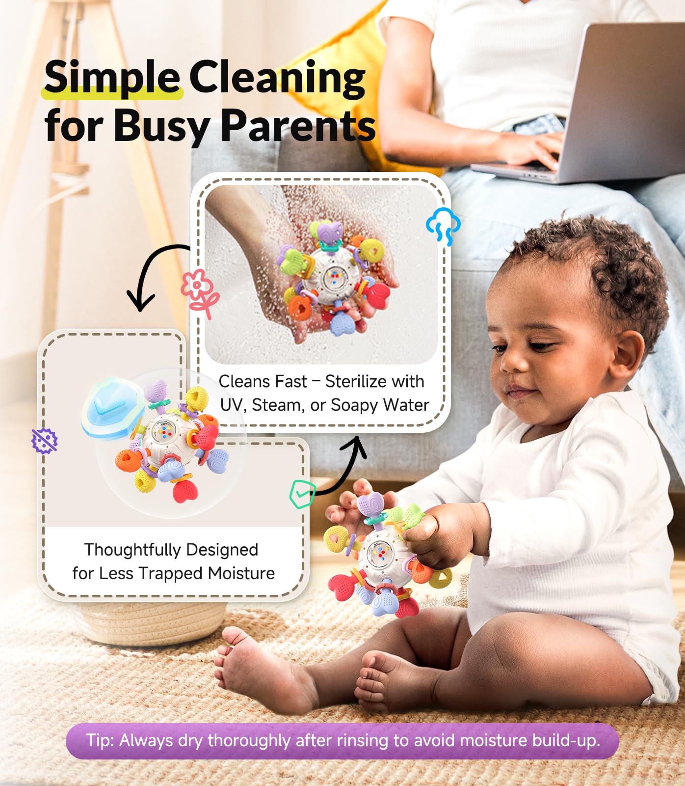 Infinno kid-friendly rattle-teether in vivid hues boosts visual attention.