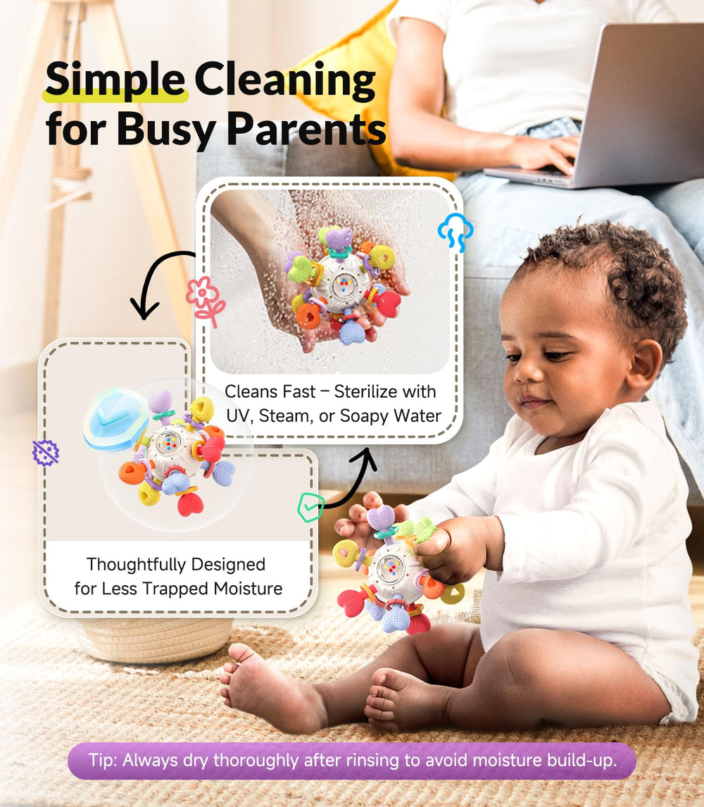 Infinno kid-friendly rattle-teether in vivid hues boosts visual attention.