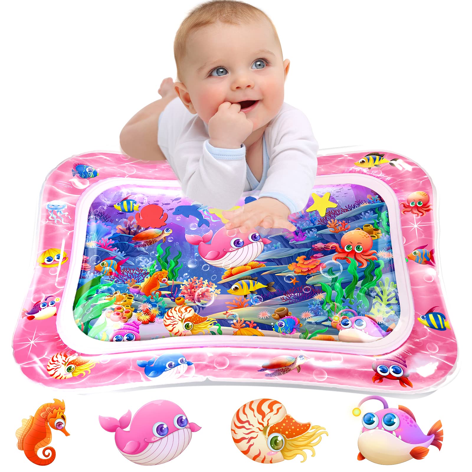 Infinno Tummy Time Mat pink front view showing bright sea animals for sensory play