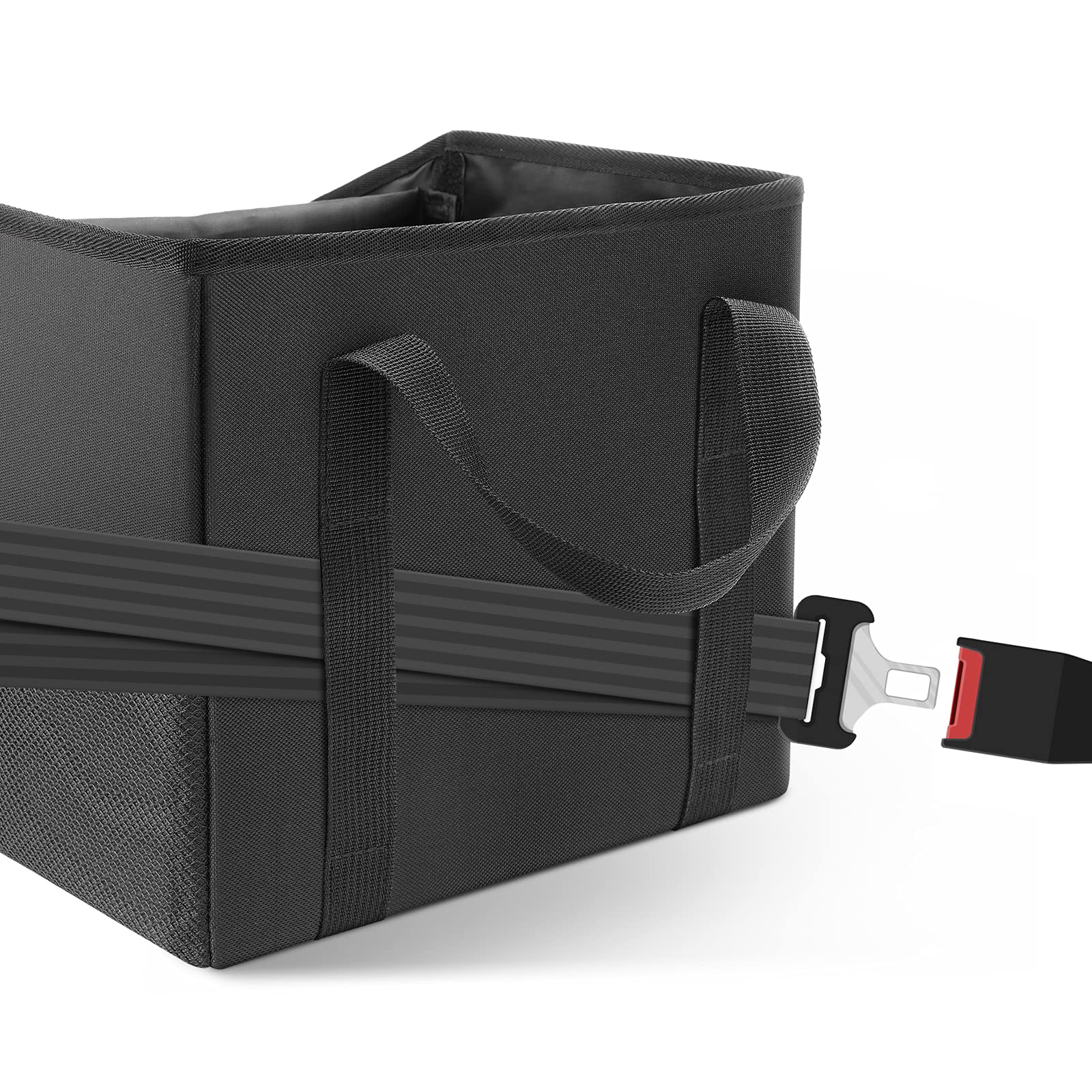 INFIVITA car organizer seat-belt-fix example shows secure attachment during travel.
