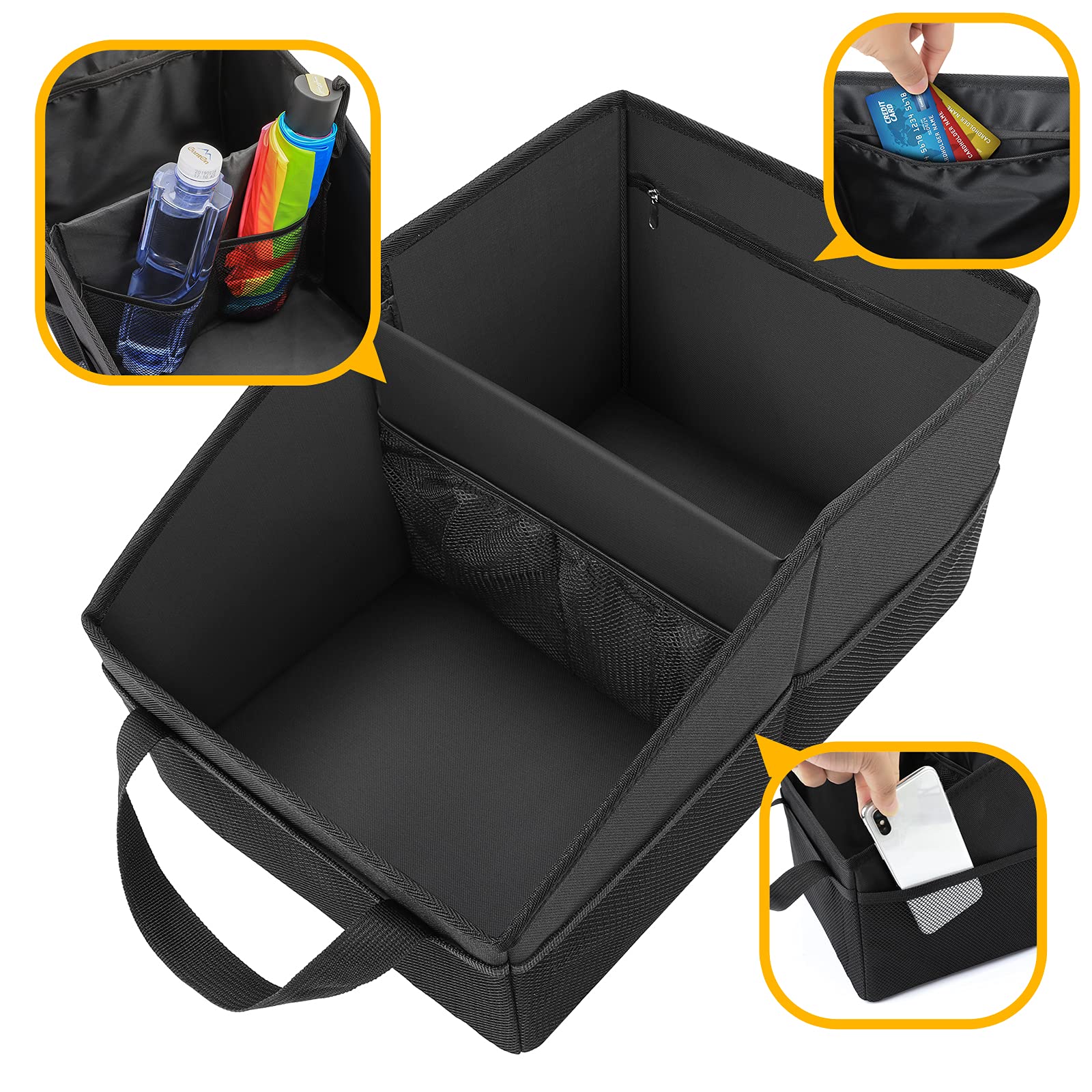 INFIVITA car organizer two-compartments highlights divided storage for belongings.