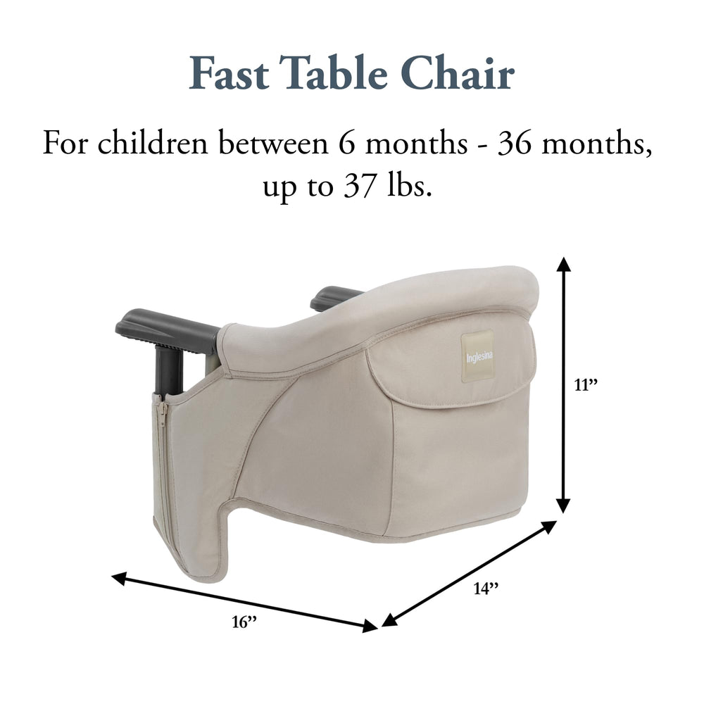 Inglesina Fast Table Chair shows a high backrest and padded seat for comfortable family meals.