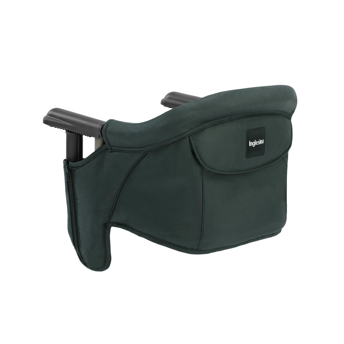 Inglesina Fast Table Chair in dark green, folded compactly for travel and storage.