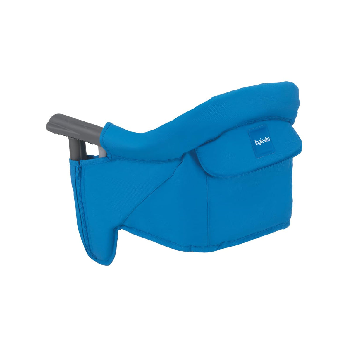 Inglesina Fast Table Chair light blue collapsed for travel and storage.